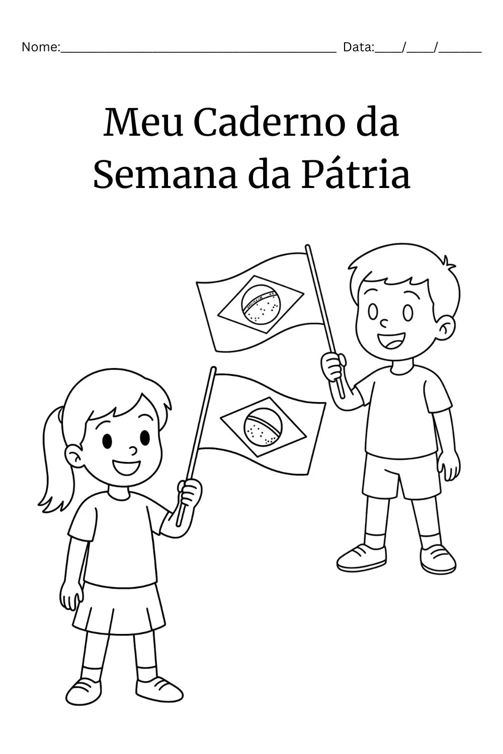 Atividades da Independência do Brasil para Educação Infantil: Caderno Completo em PDF Grátis (BNCC EI03ET07) — Capa do caderno de atividades da Independência do Brasil, com duas crianças segurando bandeiras para colorir
