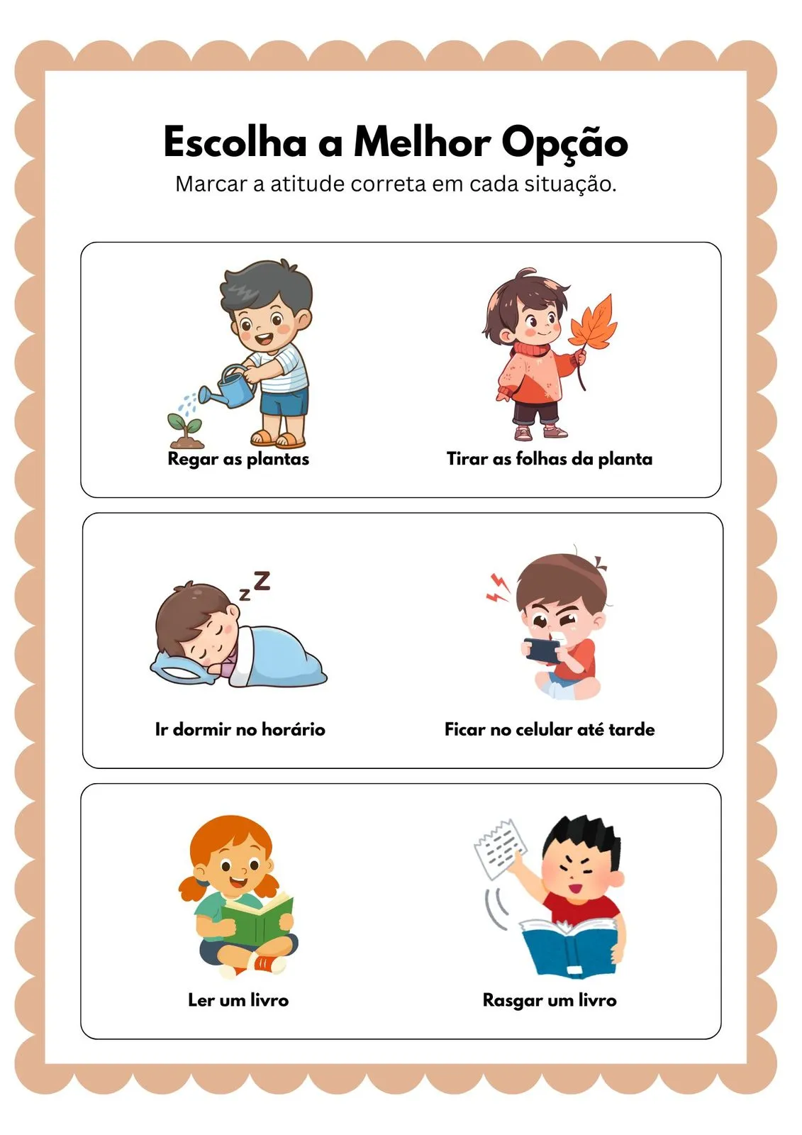 Escolha a Melhor Opção para Imprimir (PDF Gratuito) | Educação Infantil — Atitudes corretas para crianças