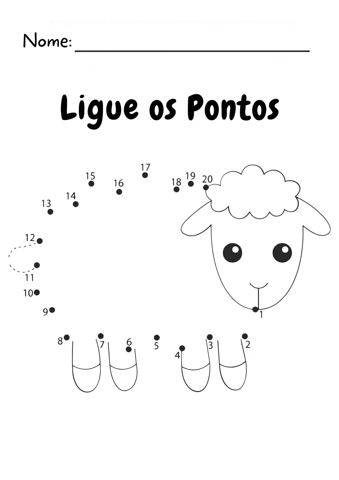 Ligue os Pontos e Descubra para Imprimir (PDF Gratuito) | Educação Infantil — Ligue os Pontos numerado de 1 a 20 — desenho da ovelhinha