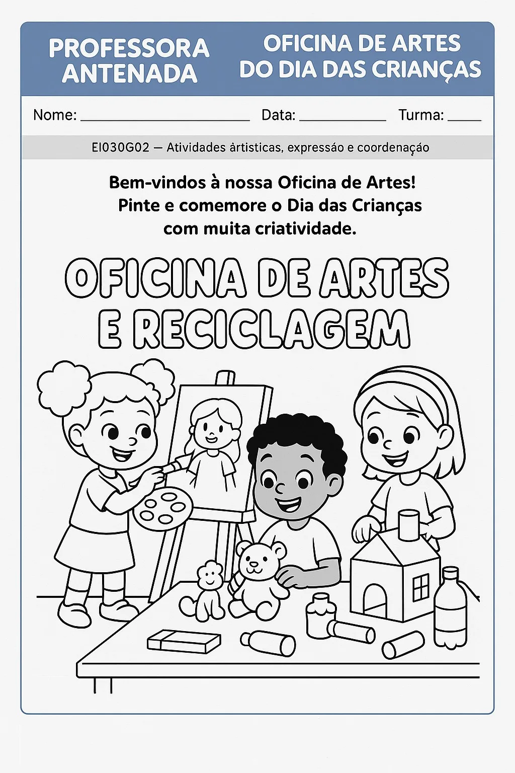 Oficina de Artes do Dia das Crianças para Imprimir (PDF Gratuito) | Educação Infantil — Capa da Oficina de Artes e Reciclagem do Dia das Crianças para Educação Infantil