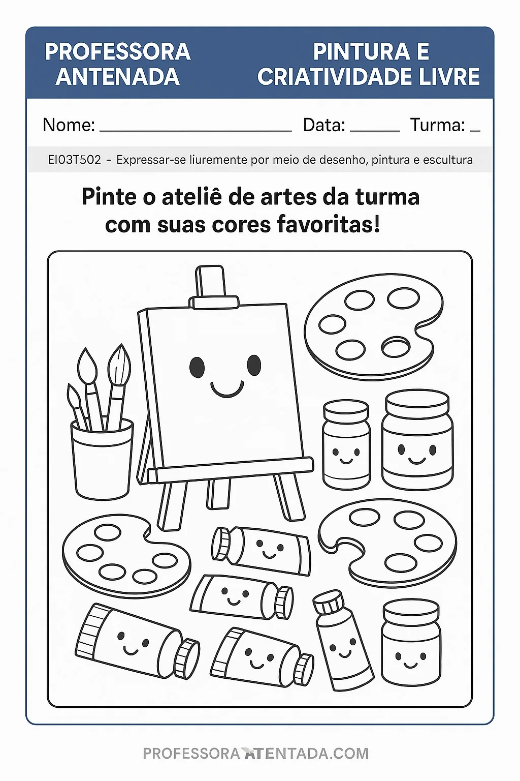 Oficina de Artes do Dia das Crianças para Imprimir (PDF Gratuito) | Educação Infantil — Folha de pintura para colorir do ateliê de artes infantil com cavalete e tintas