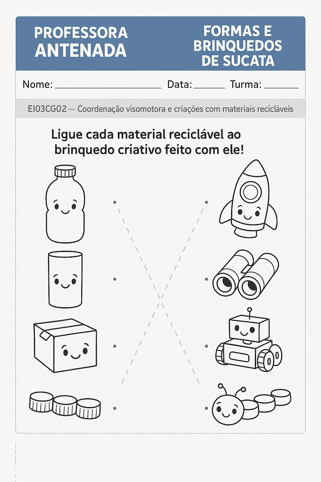 Oficina de Artes do Dia das Crianças para Imprimir (PDF Gratuito) | Educação Infantil — Atividade de pareamento ligando materiais recicláveis aos brinquedos criados